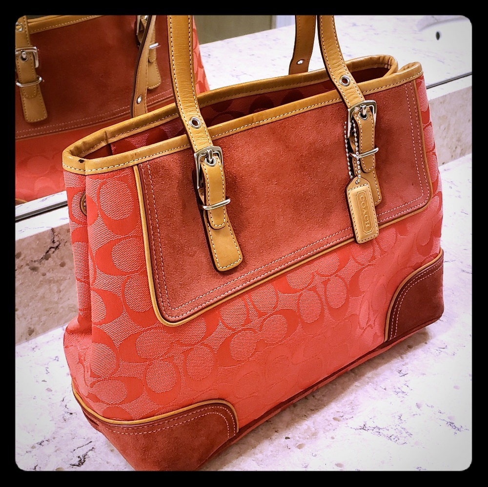 Coral Coach Suede and Canvas Bag